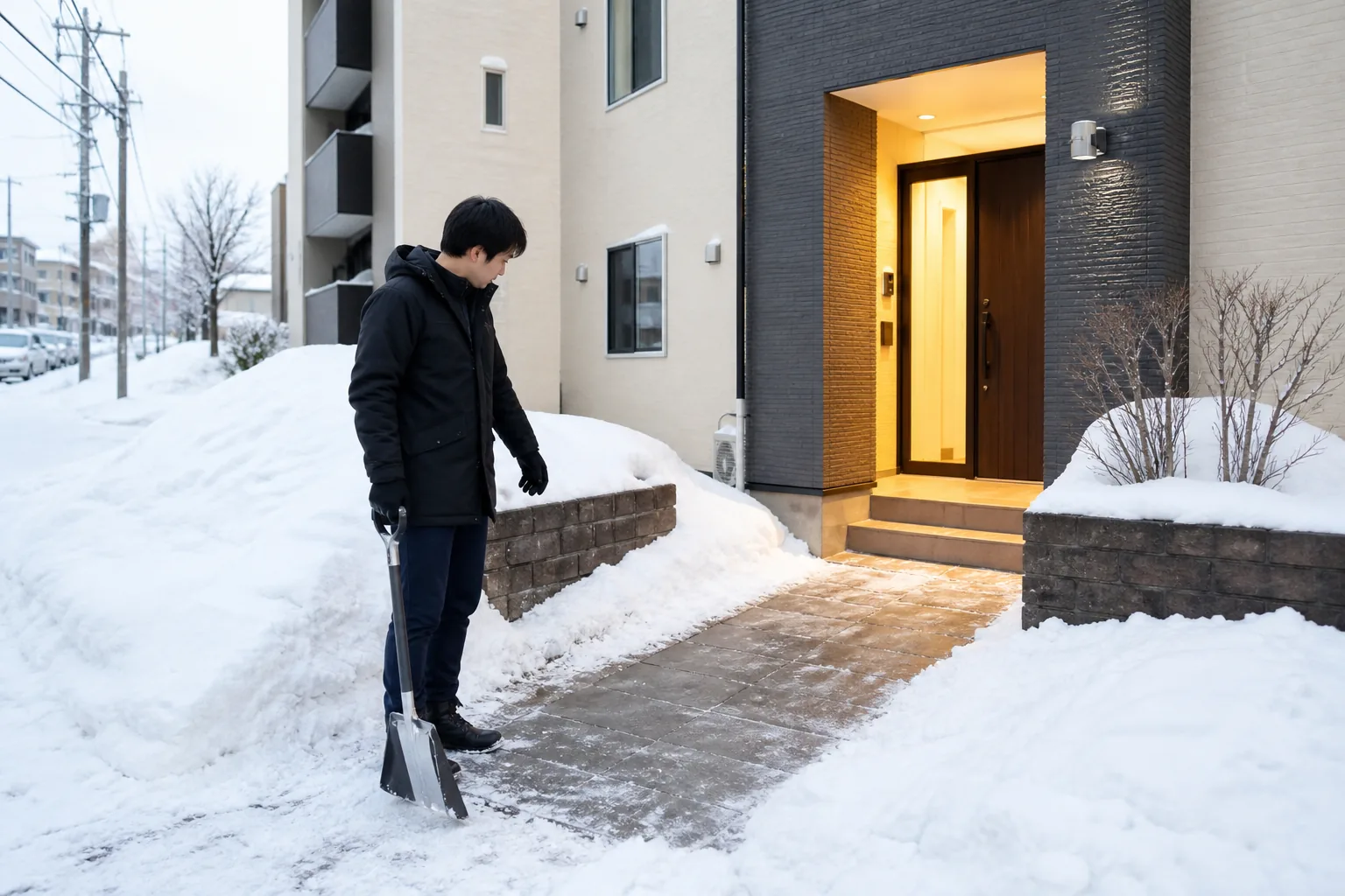 札幌の民泊入口で除雪状況を確認する運営担当者
