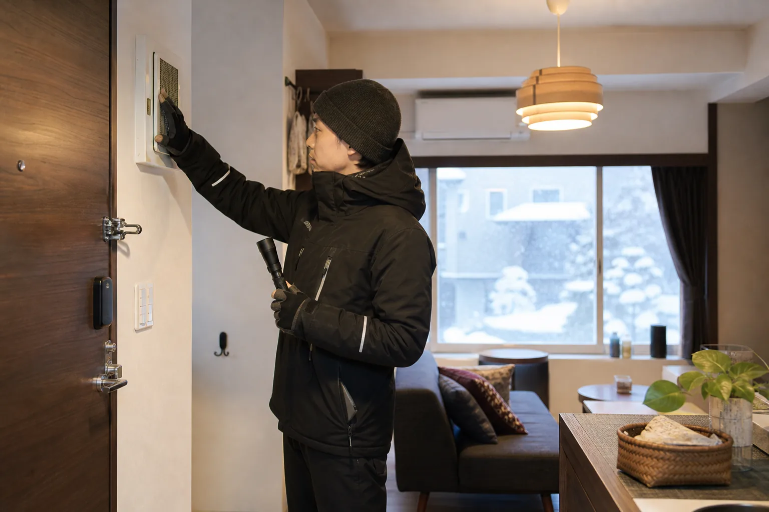 札幌の民泊室内で暖房と鍵を点検するスタッフ