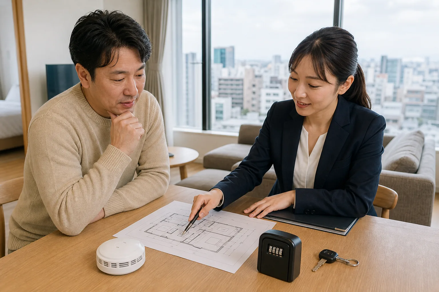 札幌で民泊開業前に間取り図と消防設備を確認するイメージ